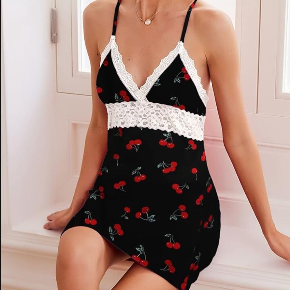 Ekouaer Sleepwear Cherry Babydoll Nightgown Slip Lace Lounge Dress, Large